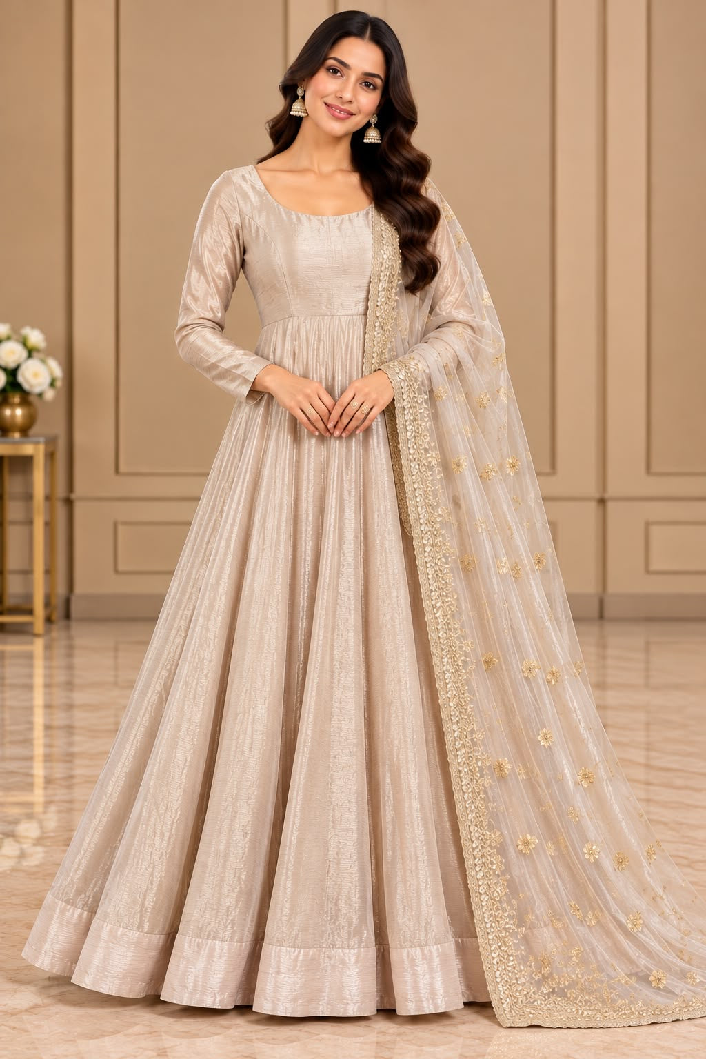 Champagne Beige Shimmer Anarkali Dress – M size