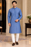 Close-up of blue patterned kurta collar, buttons, cuffs and fabric