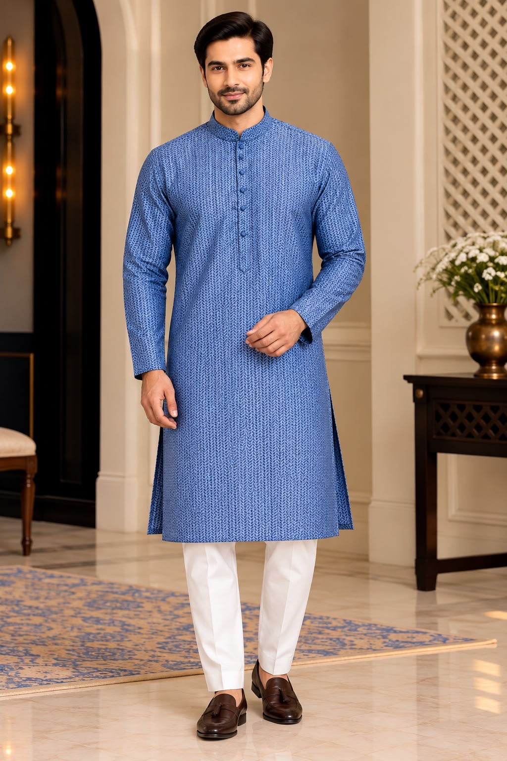 Close-up of blue patterned kurta collar, buttons, cuffs and fabric