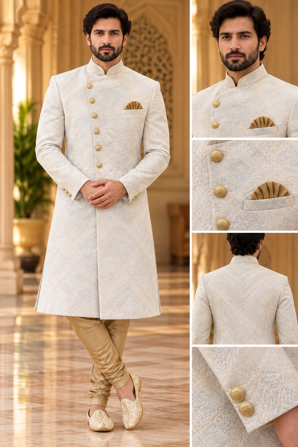 Ivory Sherwani with Gold-Tone Buttons – Size 40