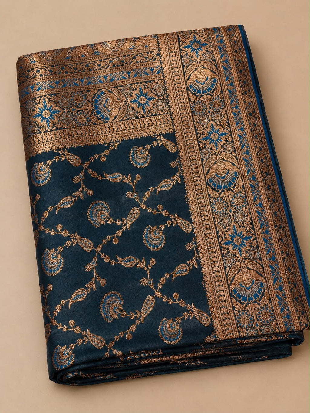 Teal Banarasi Silk Saree with Gold & Blue Zari Weaving