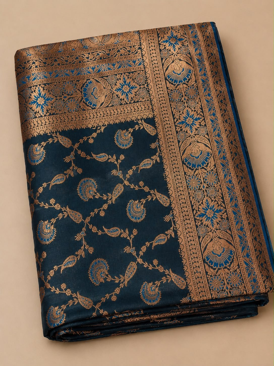 Teal Banarasi Silk Saree with Gold & Blue Zari Weaving