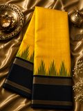 Kanjivaram Silk Saree – Gelb/Schwarz mit Grün