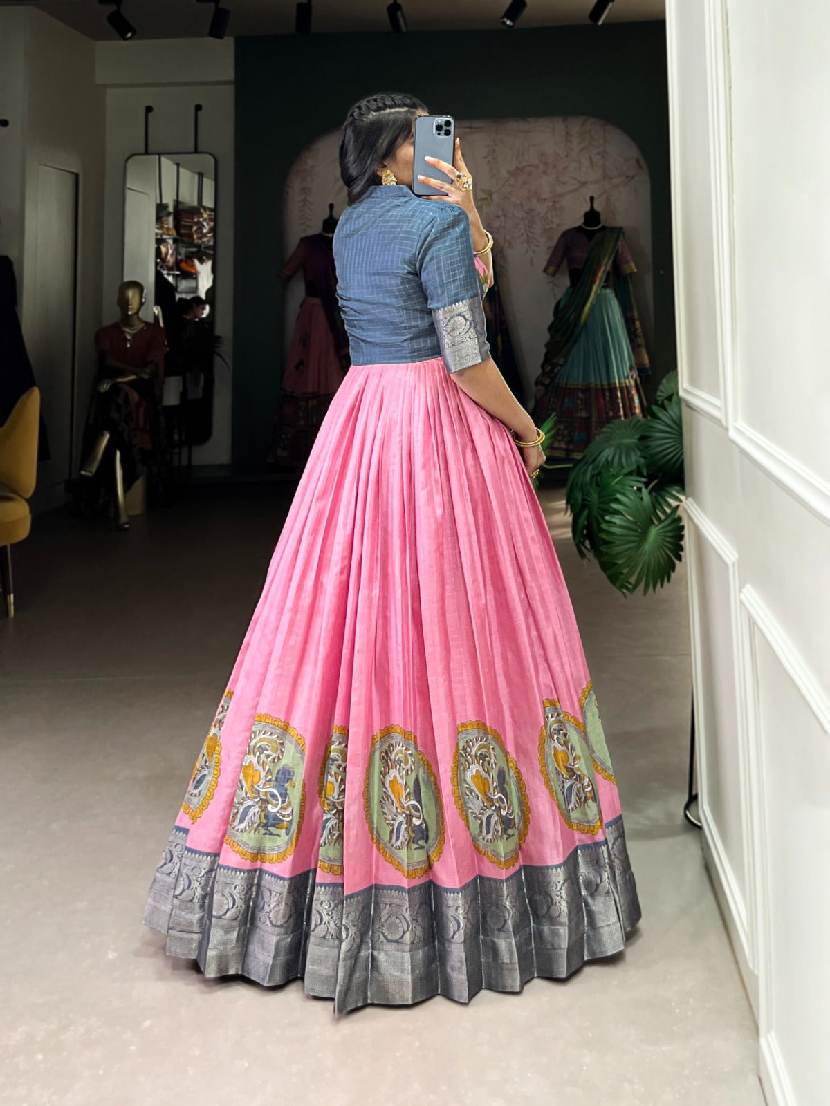 Pink Kalamkari Lehenga with Blue Silk Blouse