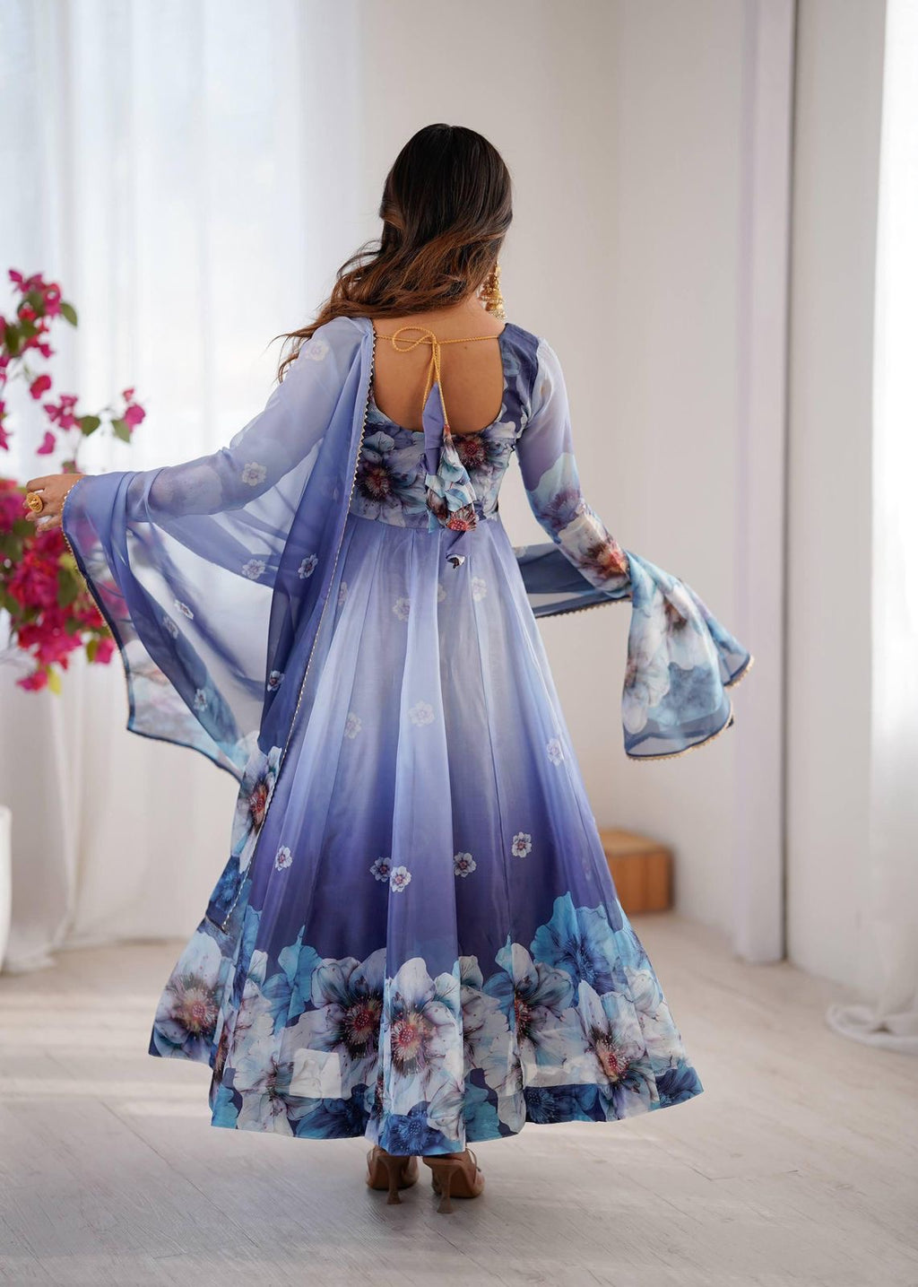 Blue Floral Anarkali Size L