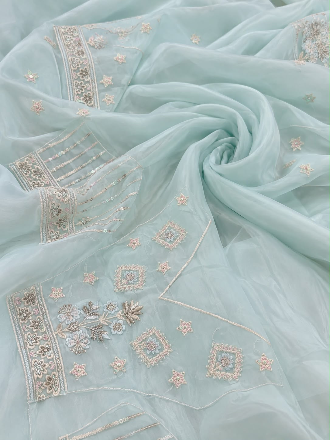 Mint Green Embroidered Unstitched Lehenga