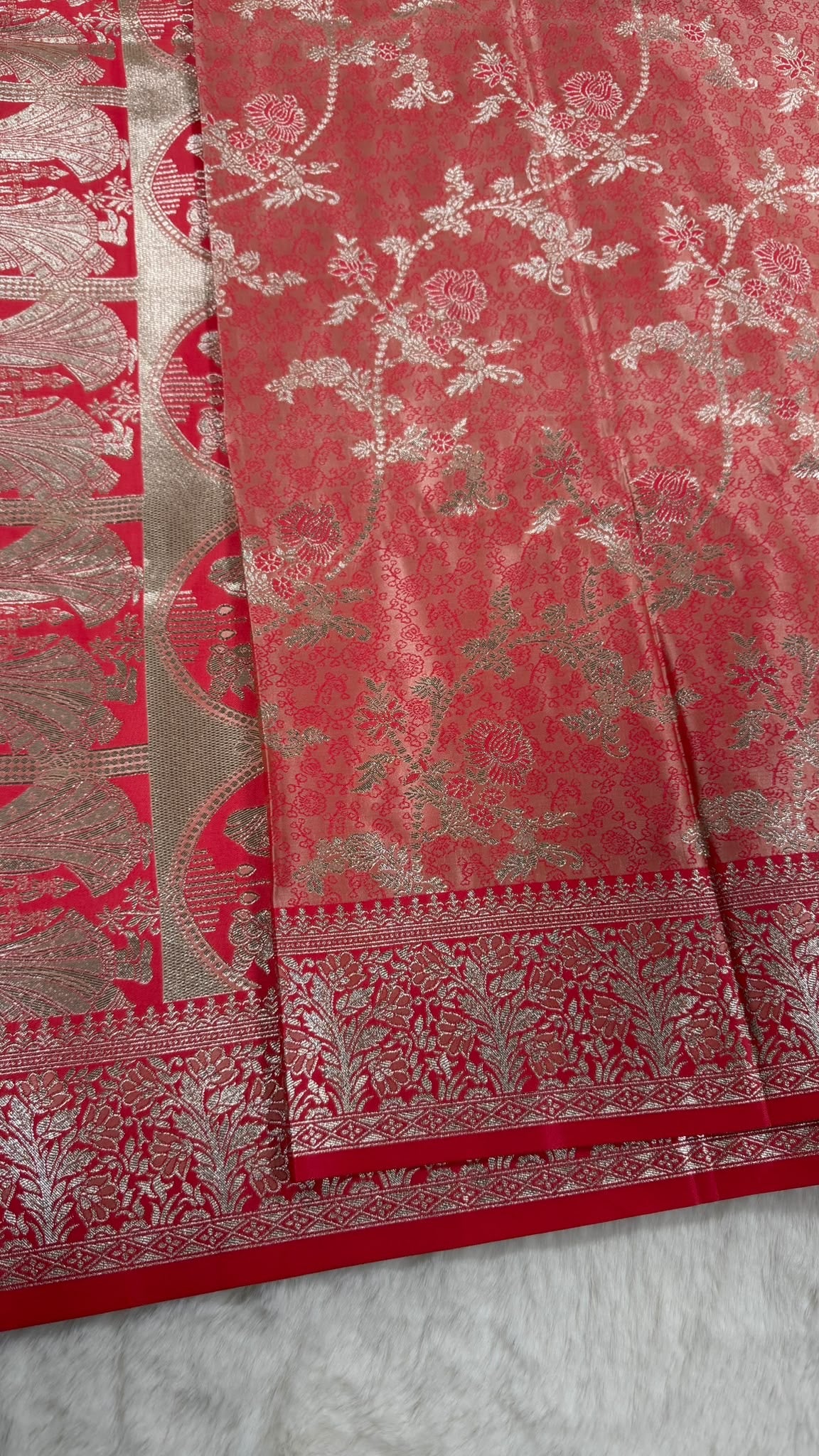 Red Banarasi Saree with Silver Zari Figurative Pallu