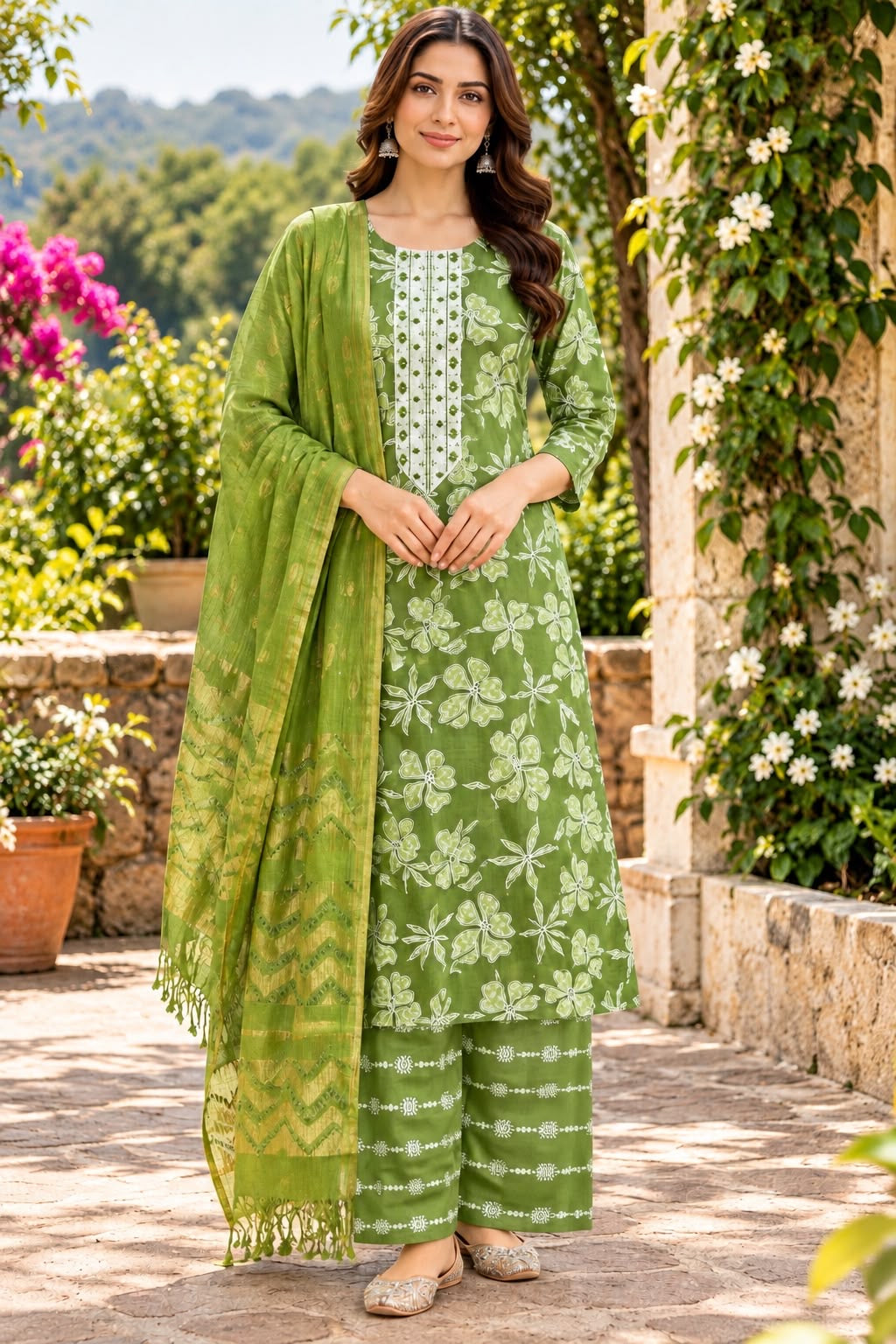 Green Floral Printed Palazzo Suit – Size XL
