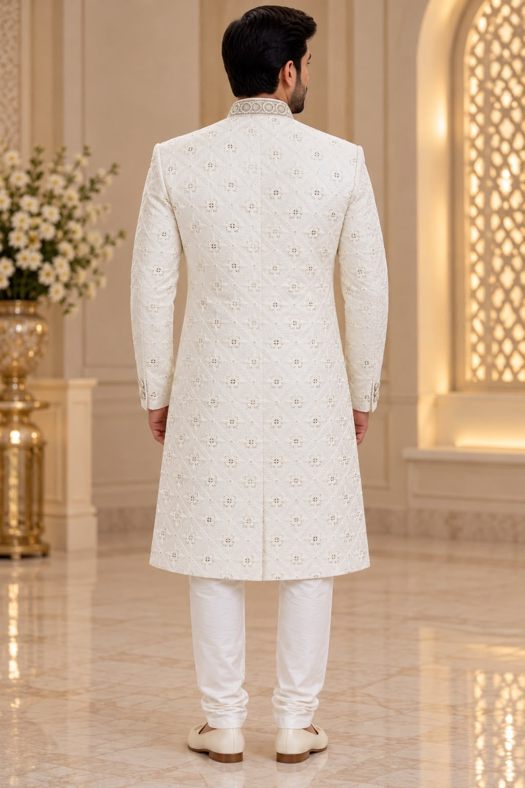 Ivory Sherwani with Geometric Embellishments – Size 42