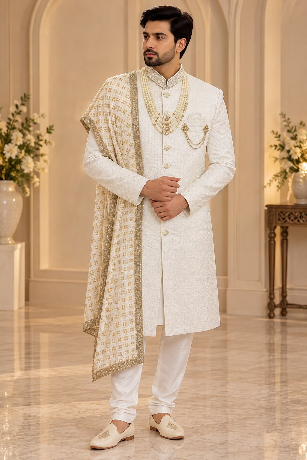 Ivory Sherwani with Gold-Tone Detailing – Size 38