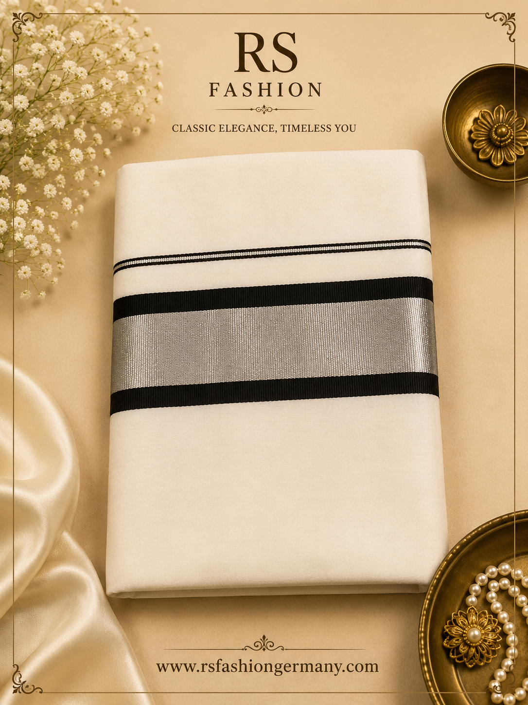 Kerala Saree – Wit/Zwart met blouse