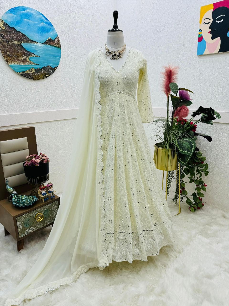 Witte Chikankari Anarkali Maat M