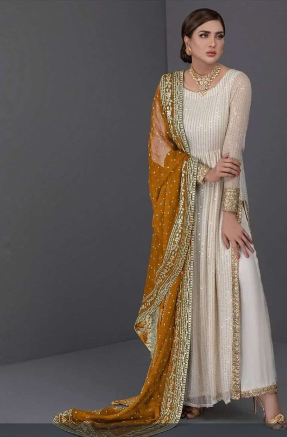 White Sequin Anarkali Set with Mustard Dupatta L-XL