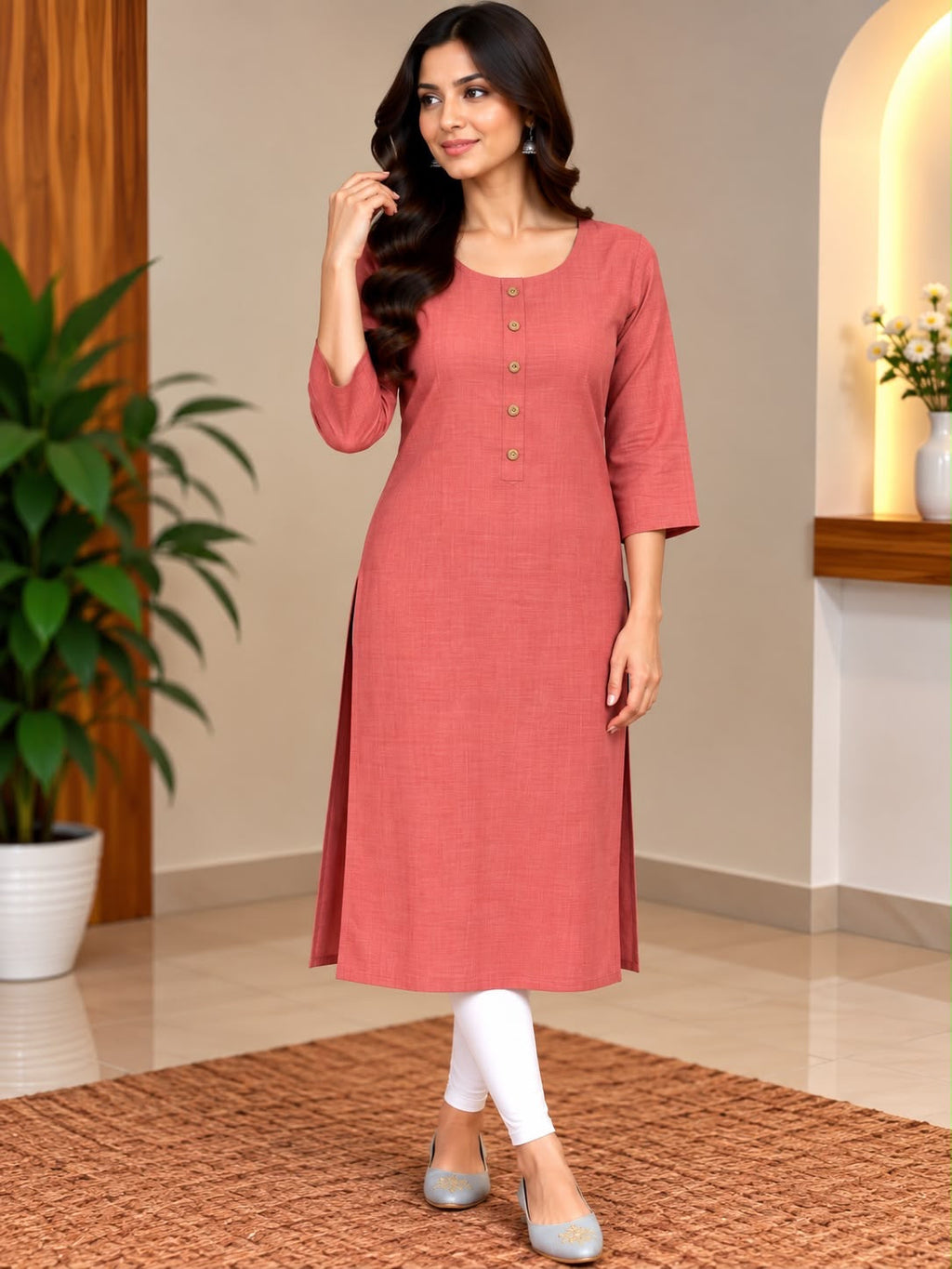 Model wearing a coral button-front kurta with three-quarter sleeves