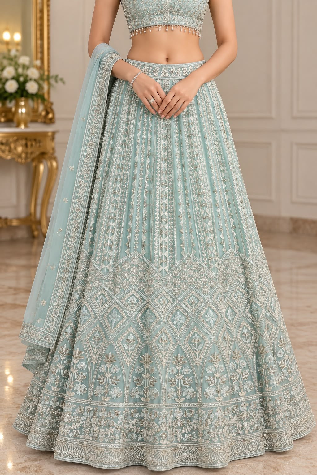 Mint Green Embroidered Unstitched Lehenga