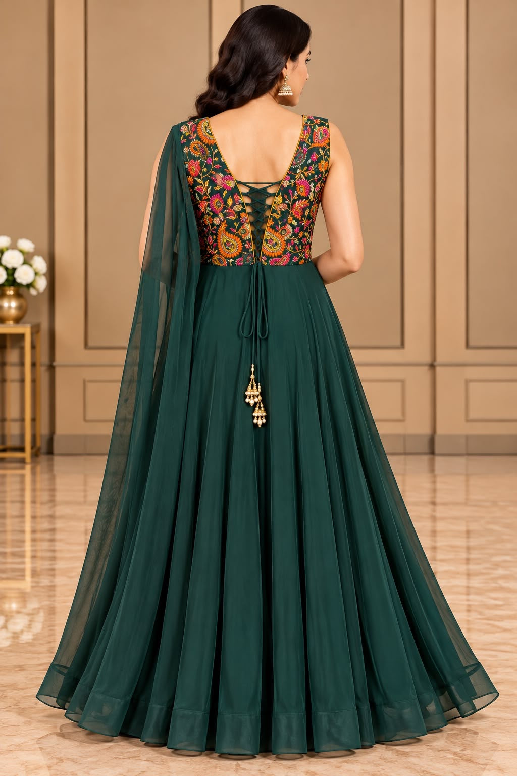 Dark Green Floral Anarkali Dress – XL