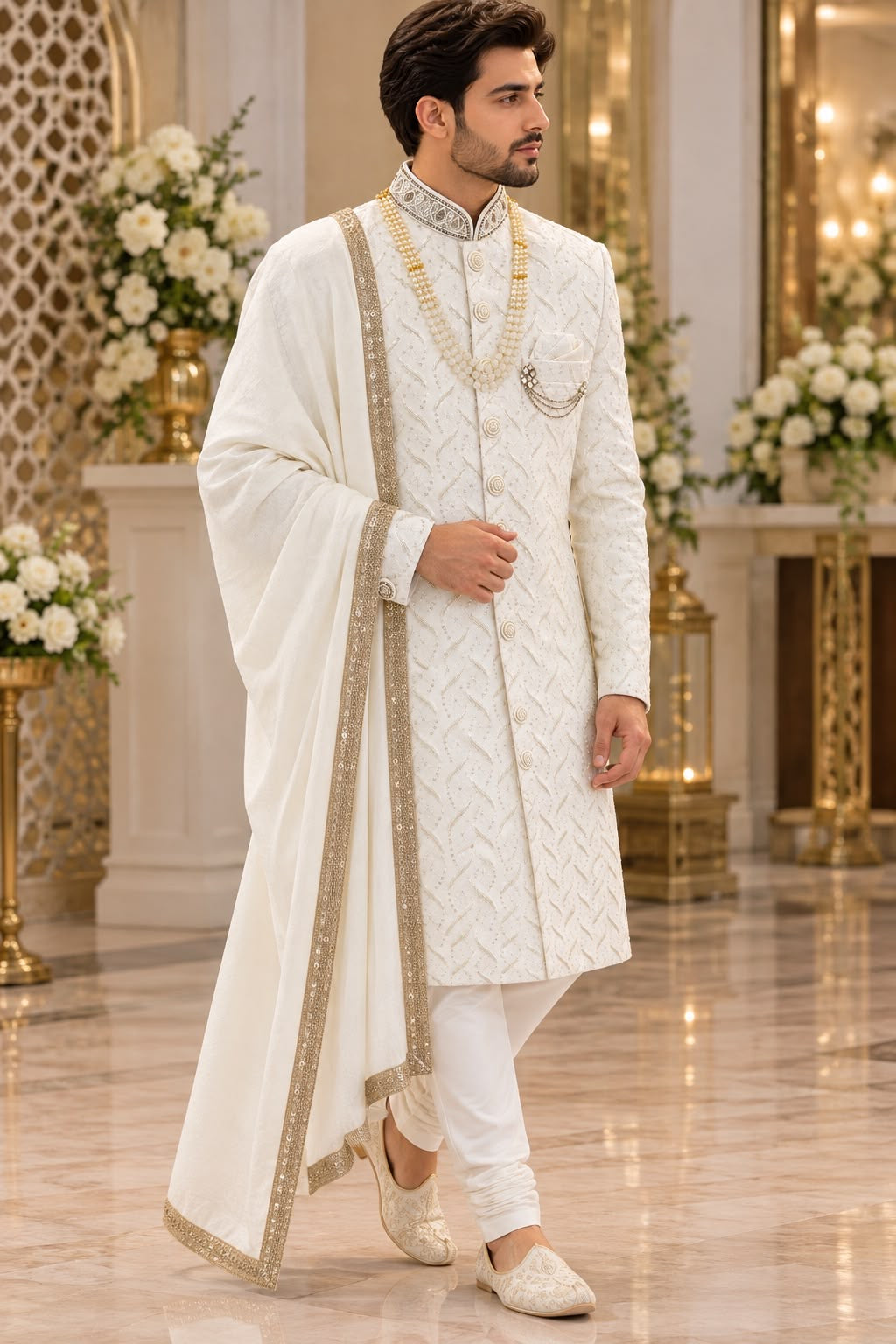 Ivory Patterned Sherwani – Size 40