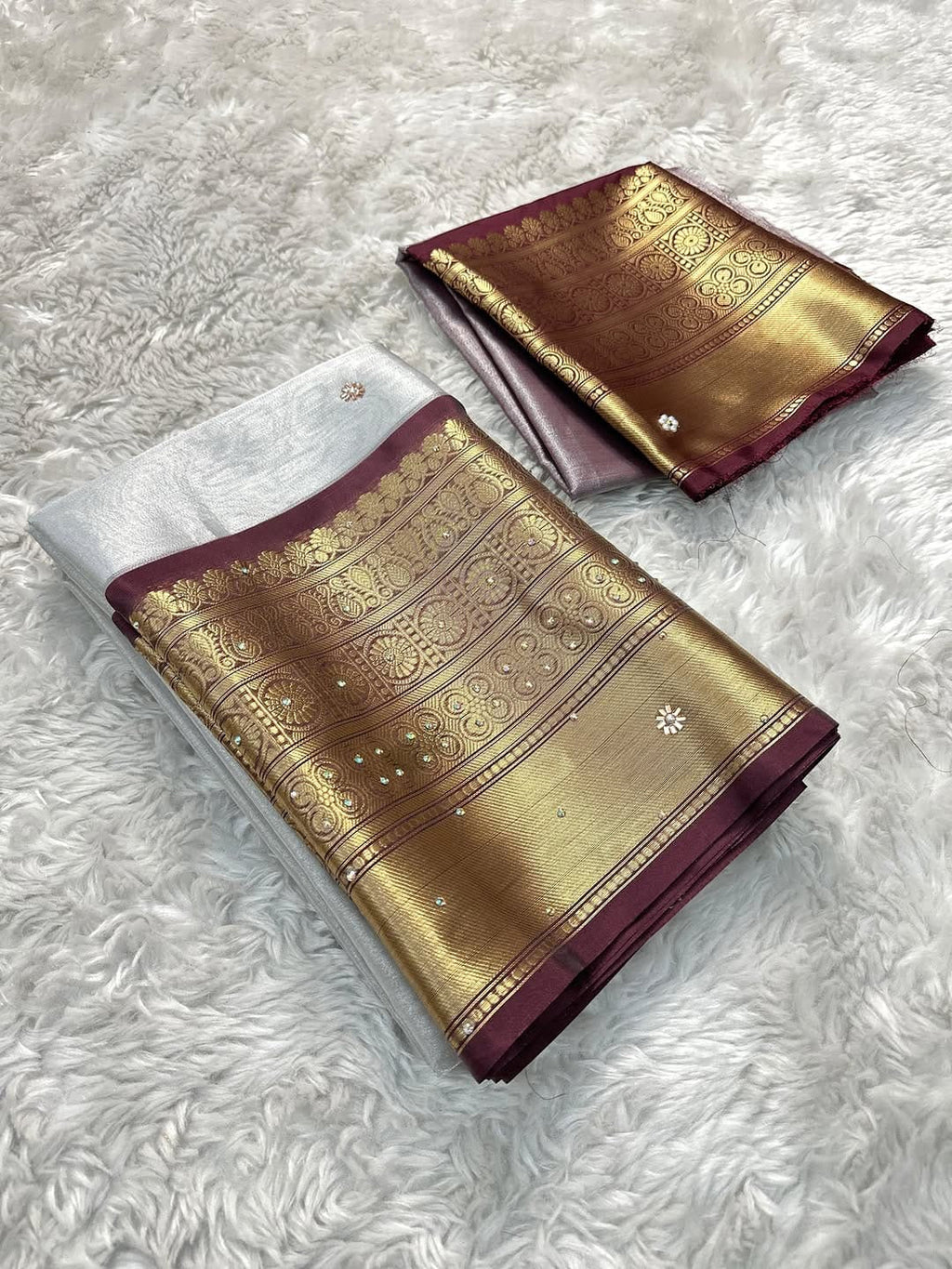 Banarasi Semi Soft Saree – White with Maroon & Gold Zari Border