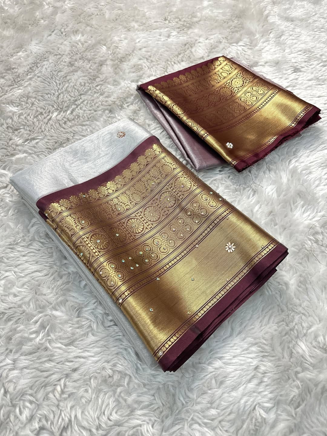 Banarasi Semi Soft Saree – White with Maroon & Gold Zari Border