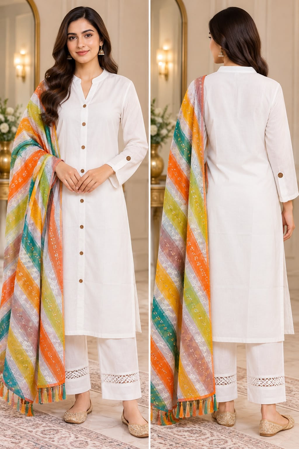 White Kurta Set with Multicolour Dupatta – Size L