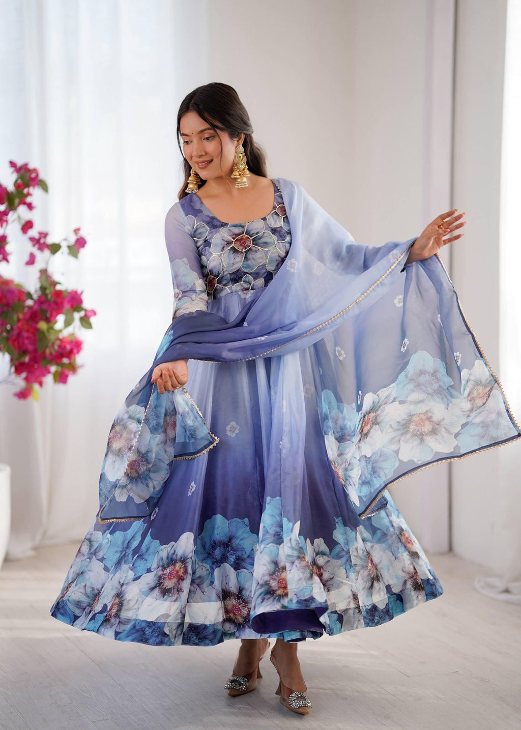 Blue Floral Anarkali Size L