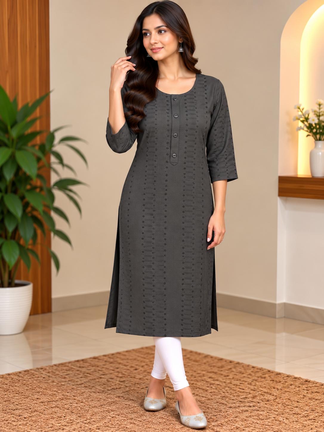 Dunkelgraues Damen-Kurta-Top mit Punktmuster, abgebildete Hose nicht enthalten