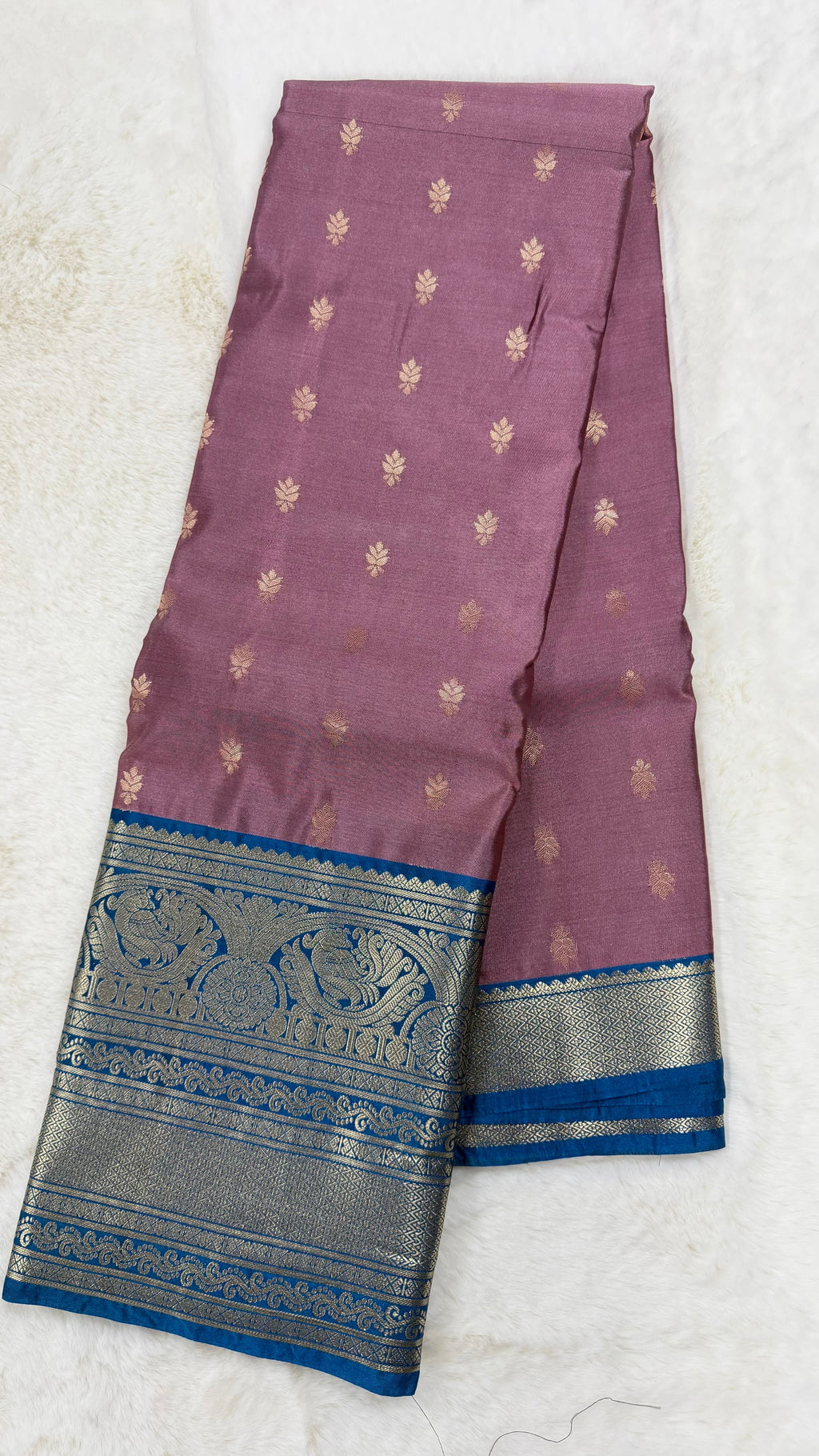 Dusty Mauve Silk Saree with Royal Blue Zari Border