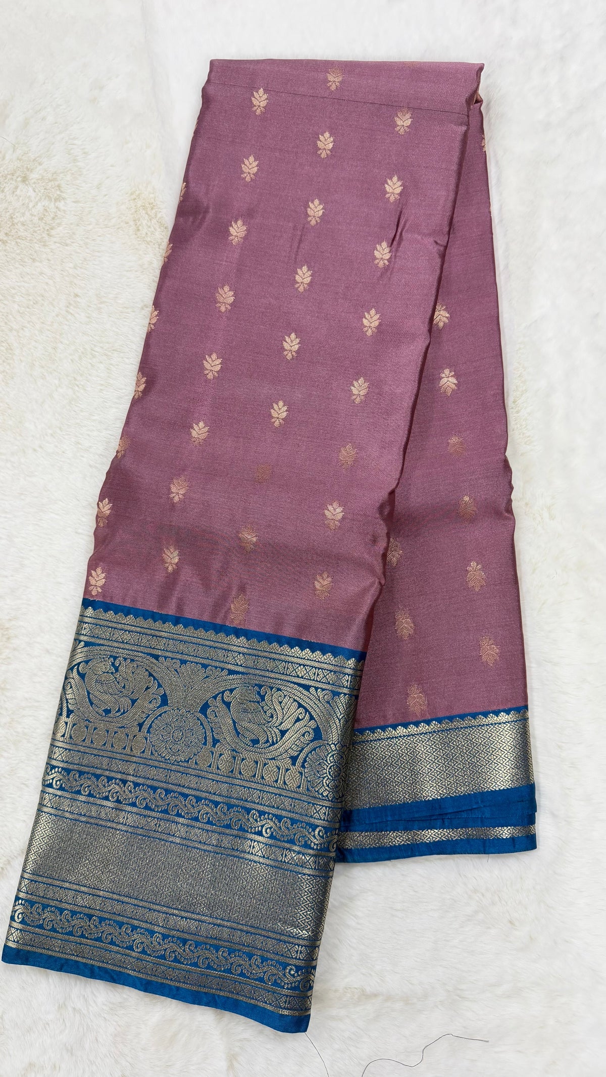 Dusty Mauve Silk Saree with Royal Blue Zari Border
