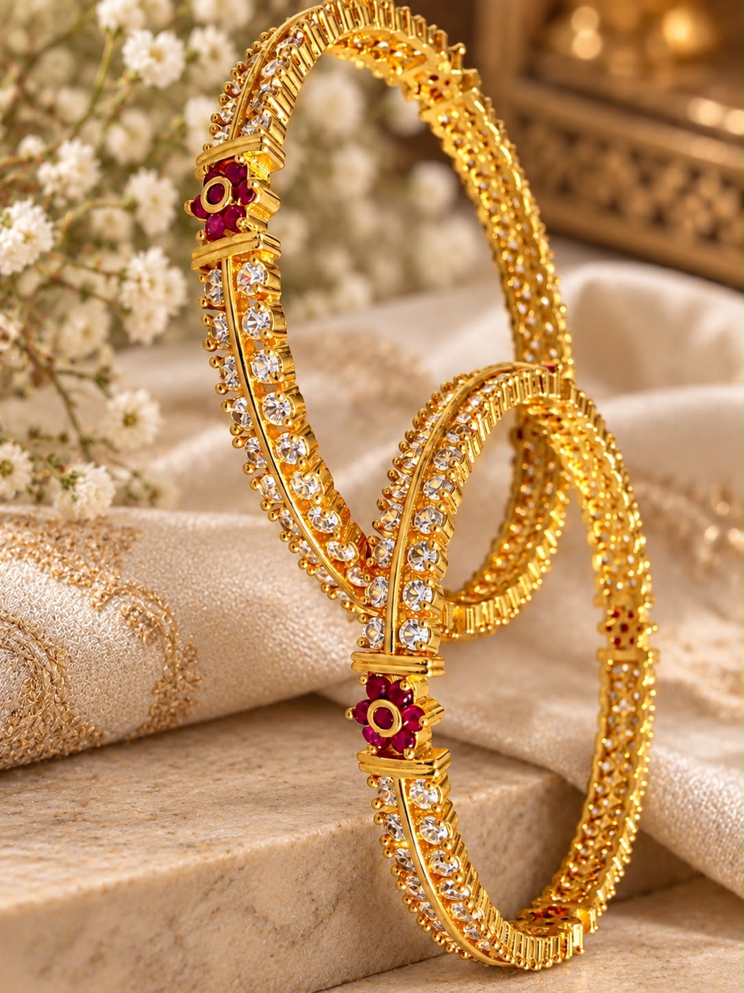 Gold-Tone Crystal Bangles with Red Floral Accents