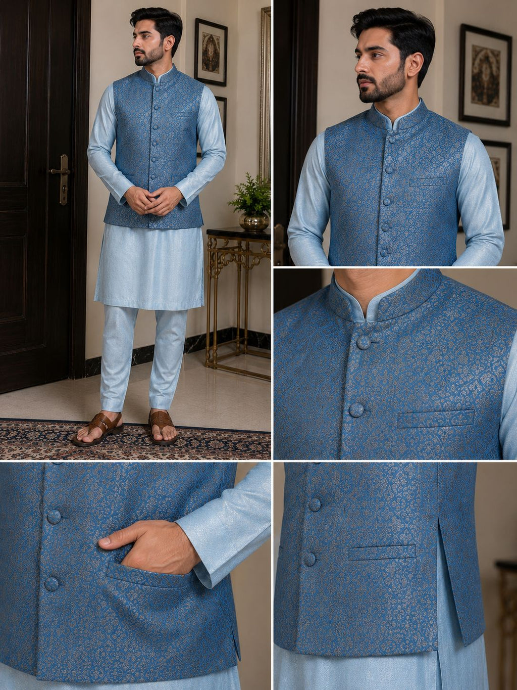 Men's Blue Kurta with Nehru Jacket Set