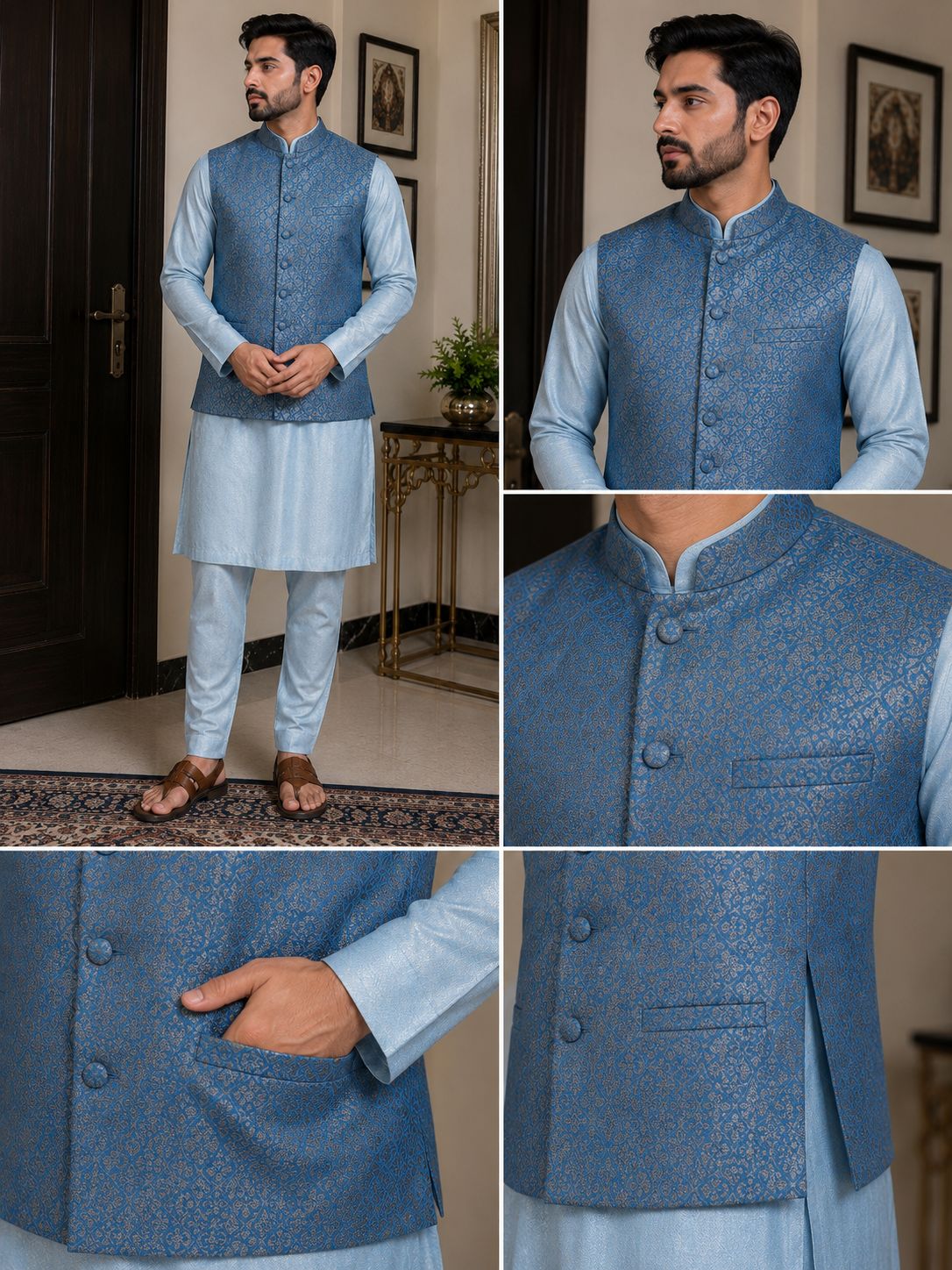 Men's Blue Kurta with Nehru Jacket Set