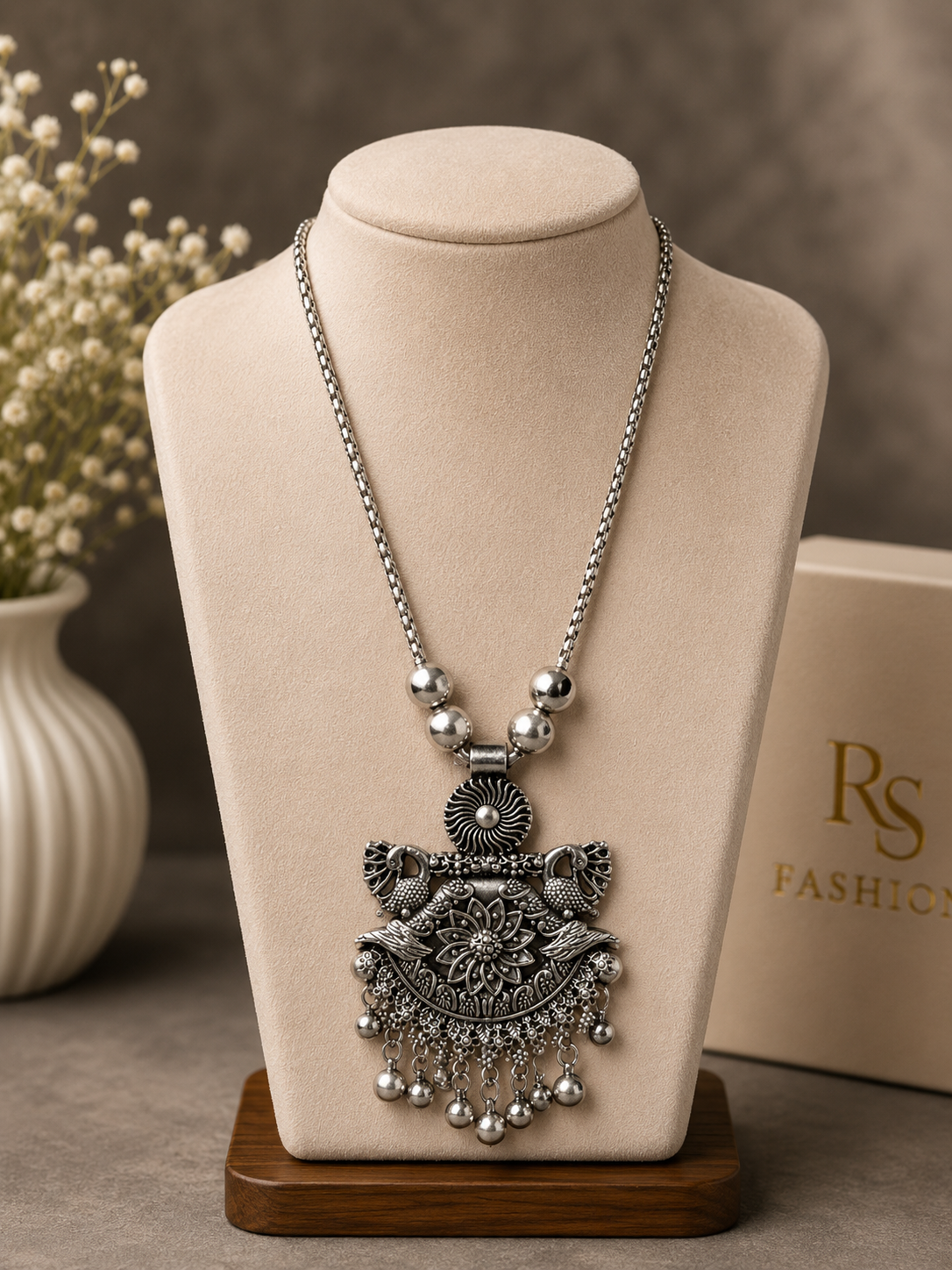 Silver Floral Tassel Pendant Necklace