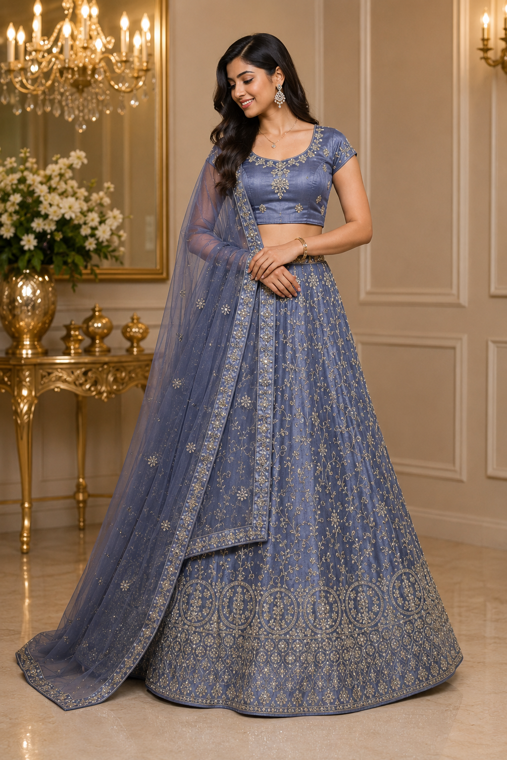 Steel Blue Embroidered Lehenga Set