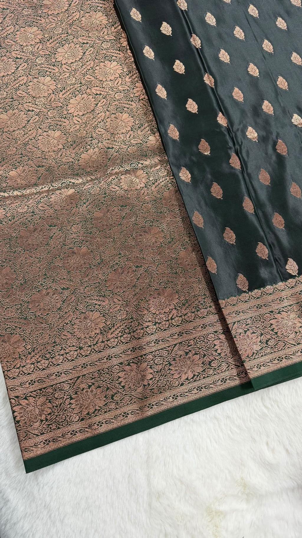 Dark Green Banarasi Saree with Gold Zari Leaf Buti