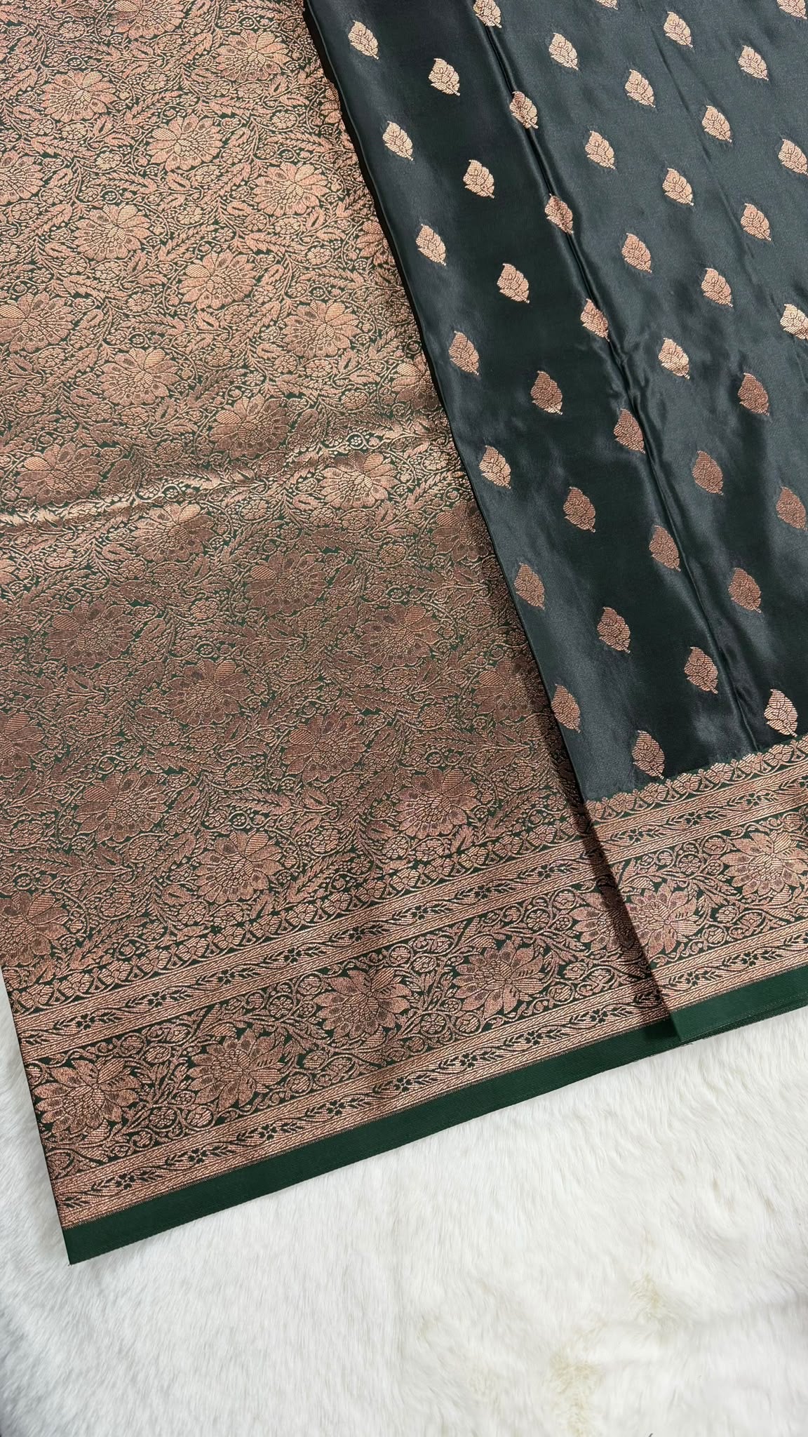 Dark Green Banarasi Saree with Gold Zari Leaf Buti