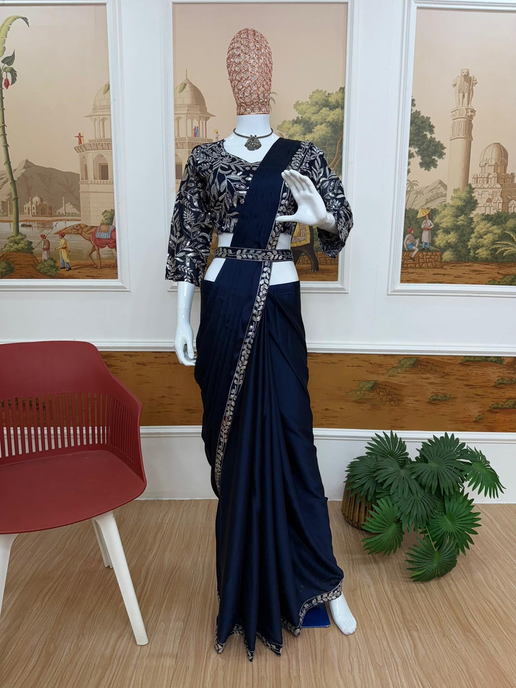 Drape Saree Blau , Ready to Wear