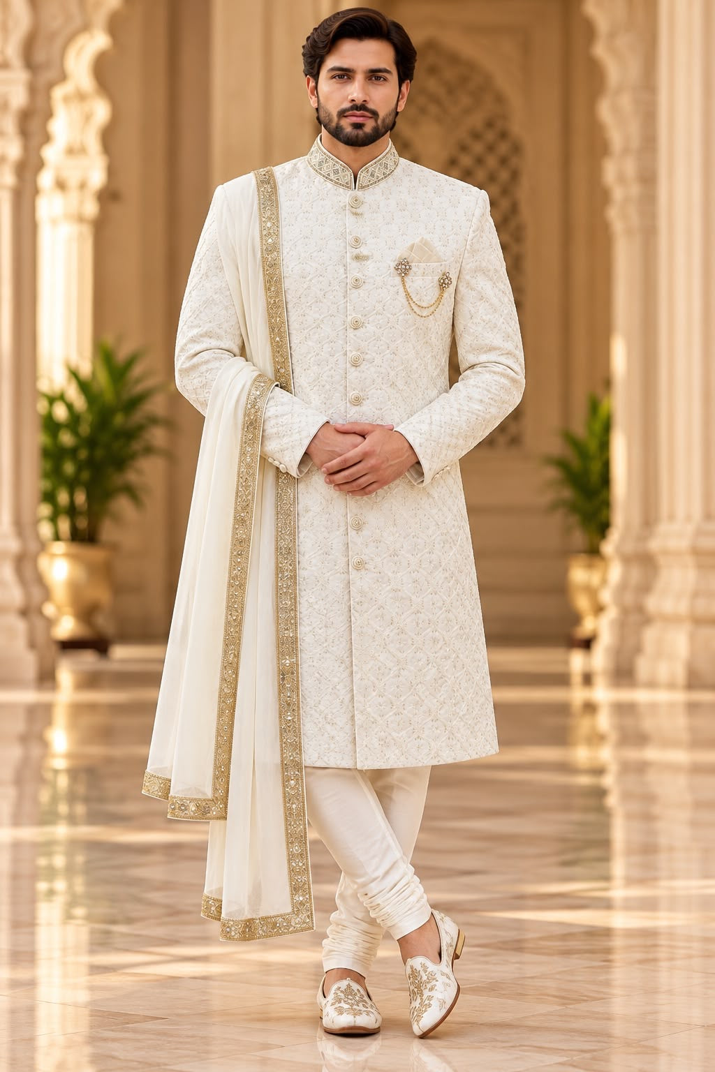 Ivory Sherwani with Diamond Floral Detailing – Size 44