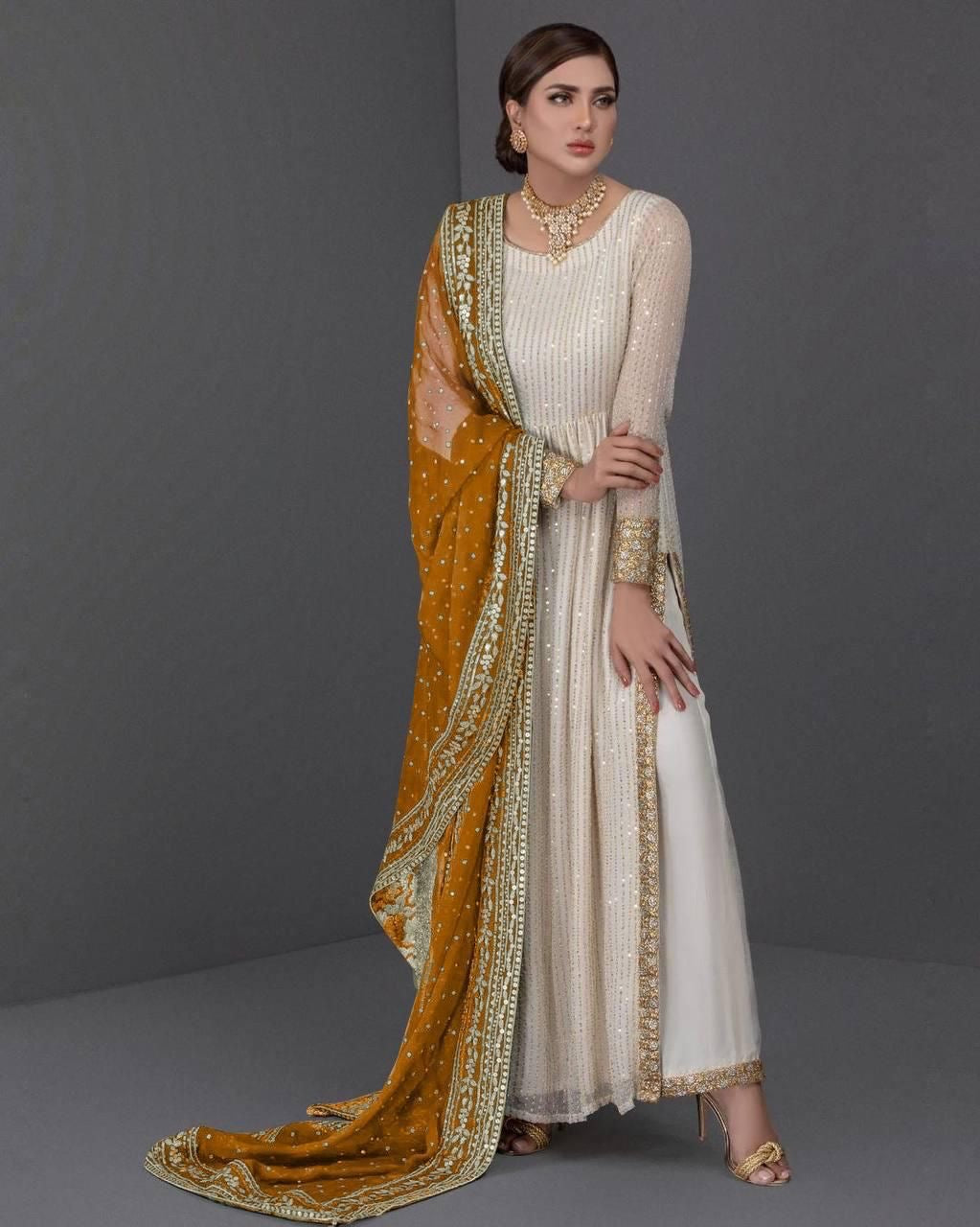 White Sequin Anarkali Set with Mustard Dupatta L-XL