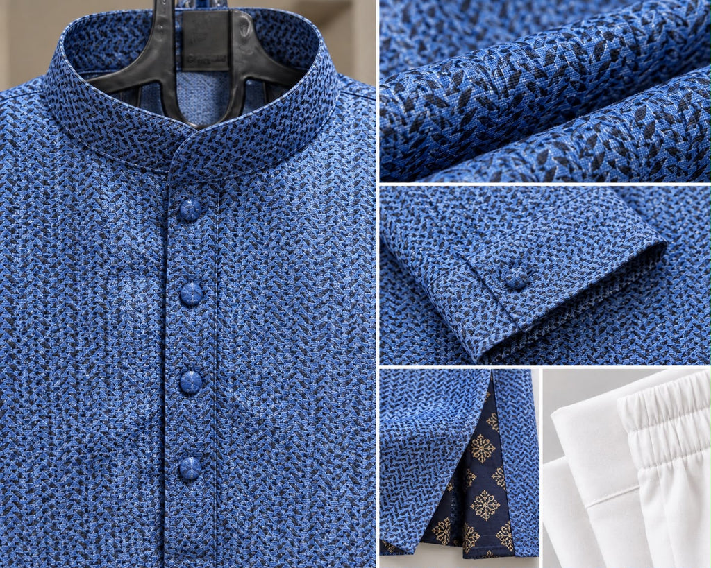 Back view of blue textured men's kurta