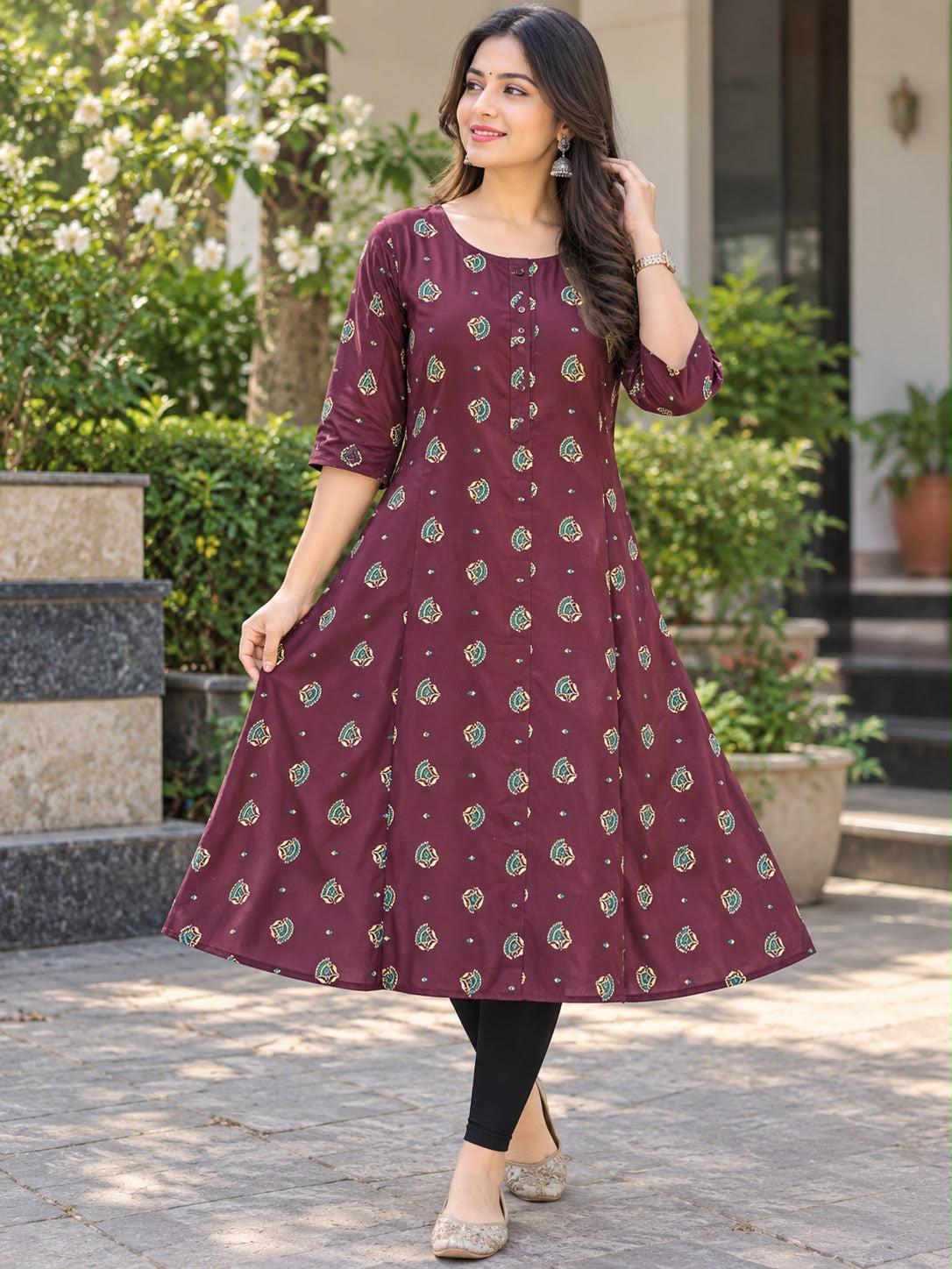 Damen Kurti – Bordeaux mit Muster, XL