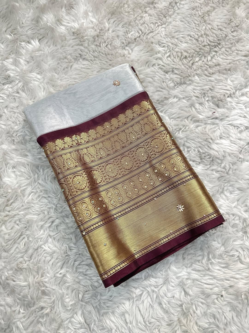 Banarasi Semi Soft Saree – White with Maroon & Gold Zari Border