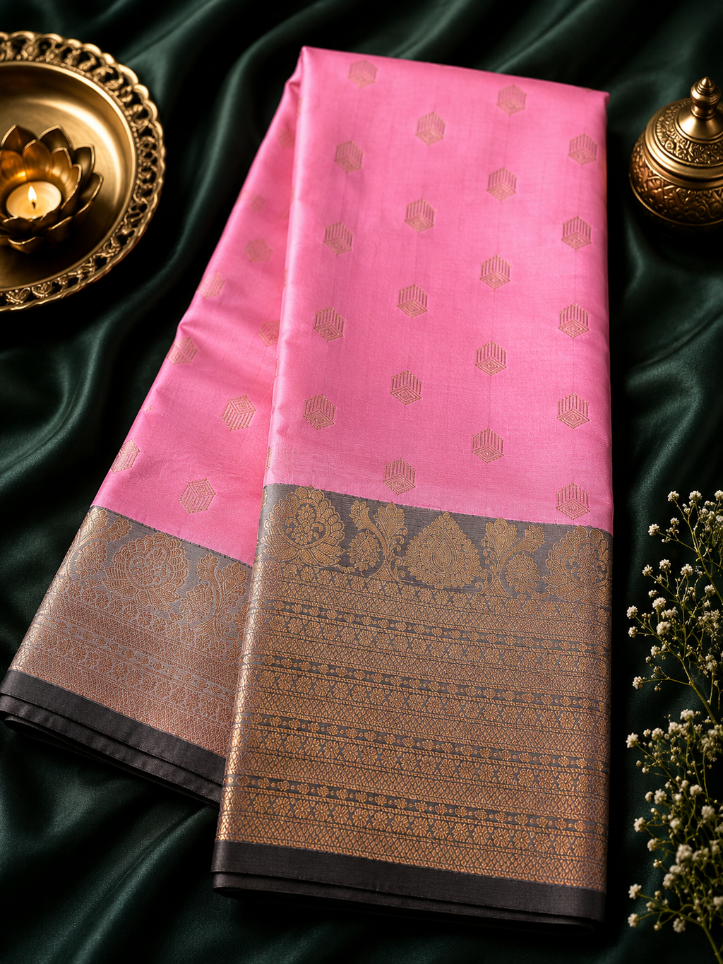 Kanjivaram Zijden Saree – Roze & Grijs