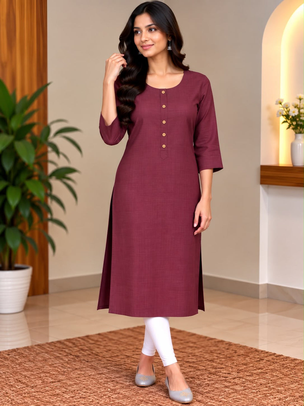 Model wearing a burgundy button-front kurta with three-quarter sleeves
