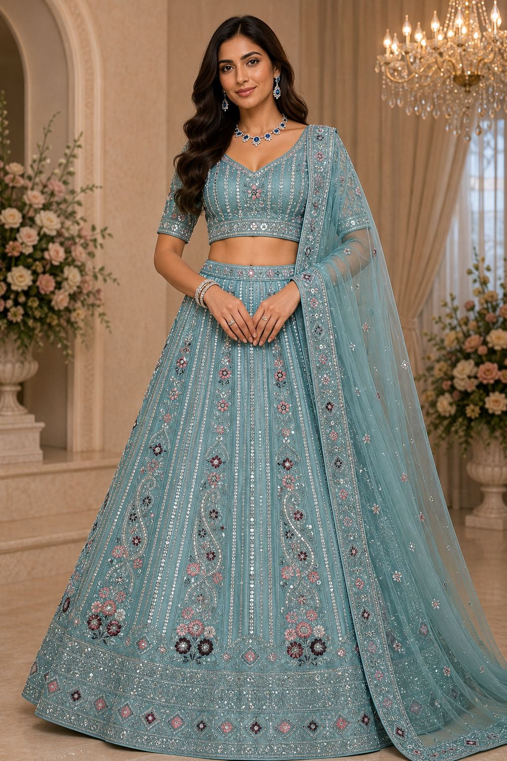Steel Blue Embroidered Lehenga Set Unstiched
