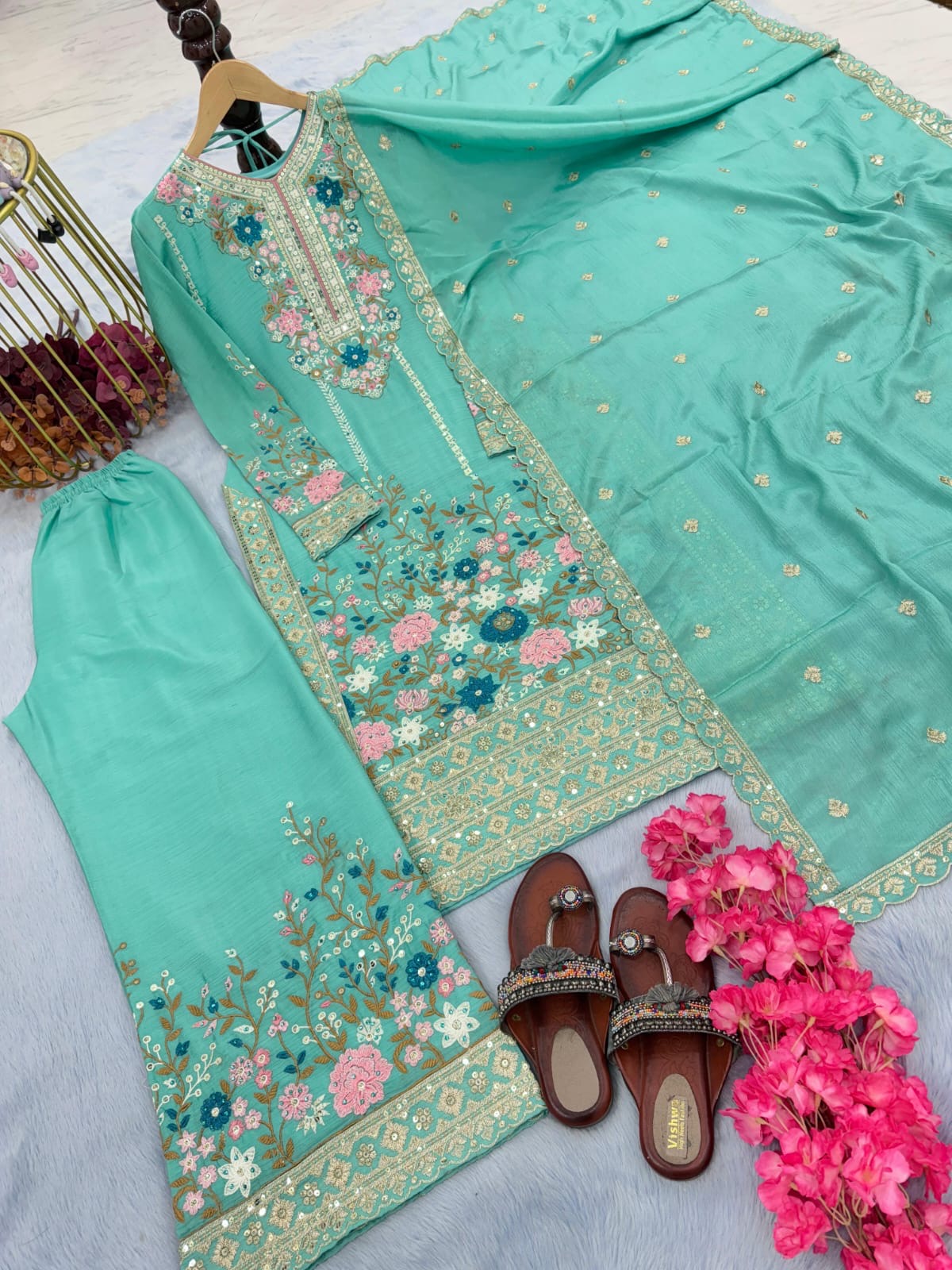 Turquoise Floral Embroidered Salwar XL