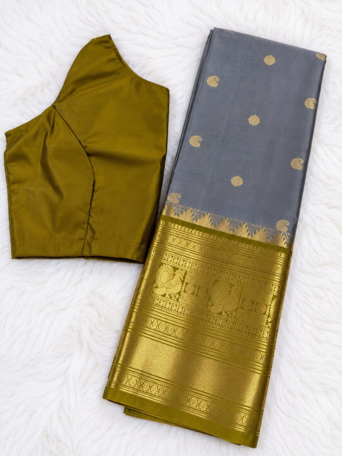 Grey & Olive-Gold Saree with Stitched Blouse – Chest 100 cm