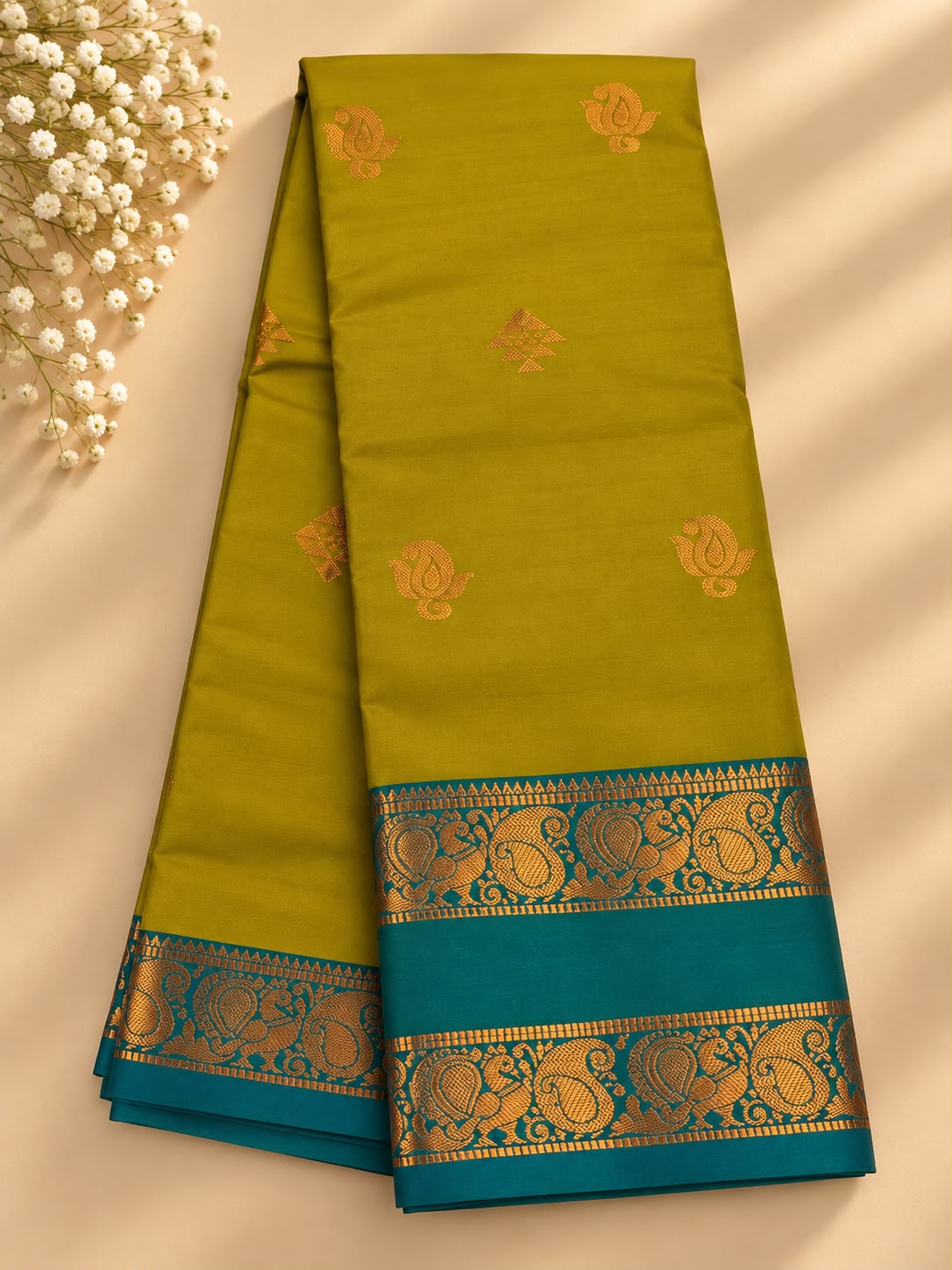 Saree mit goldfarbenen Vogelmotiven und Kontrastbordüre – Pink & Senfgrün