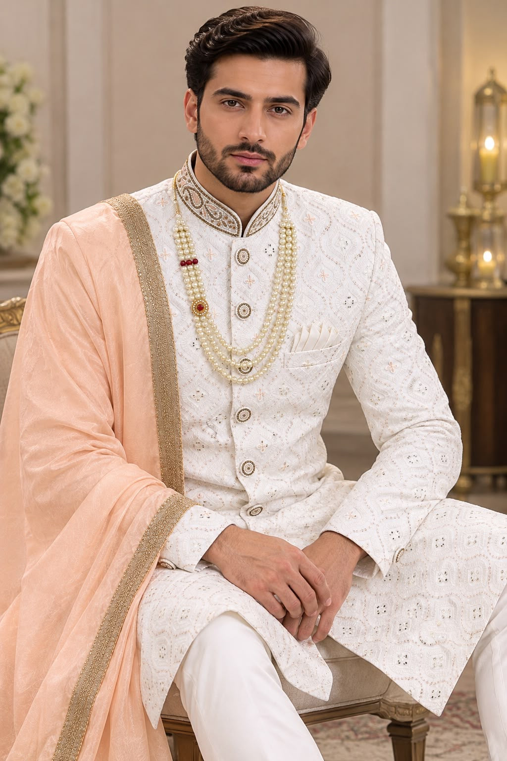 Ivory Embroidered Sherwani – Size 44