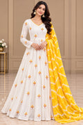White Anarkali Dress with Yellow Floral Motifs – XXL