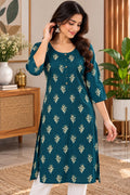 Teal Floral Sprig Print Kurti – L